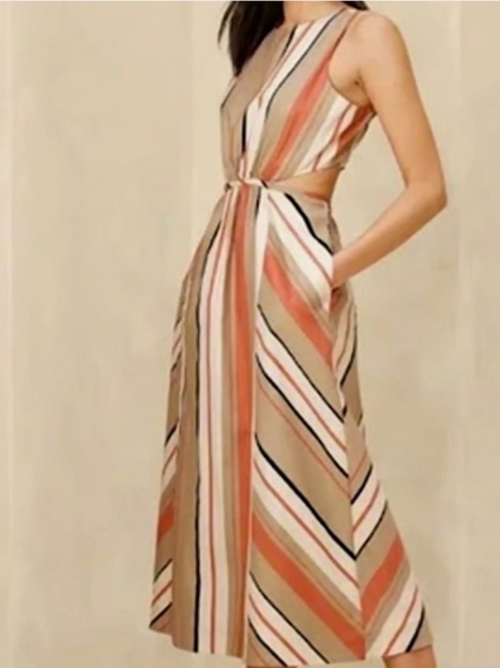 Banana Republic Striped Cutout Linen Blend Midi Dress in Tan and Peach